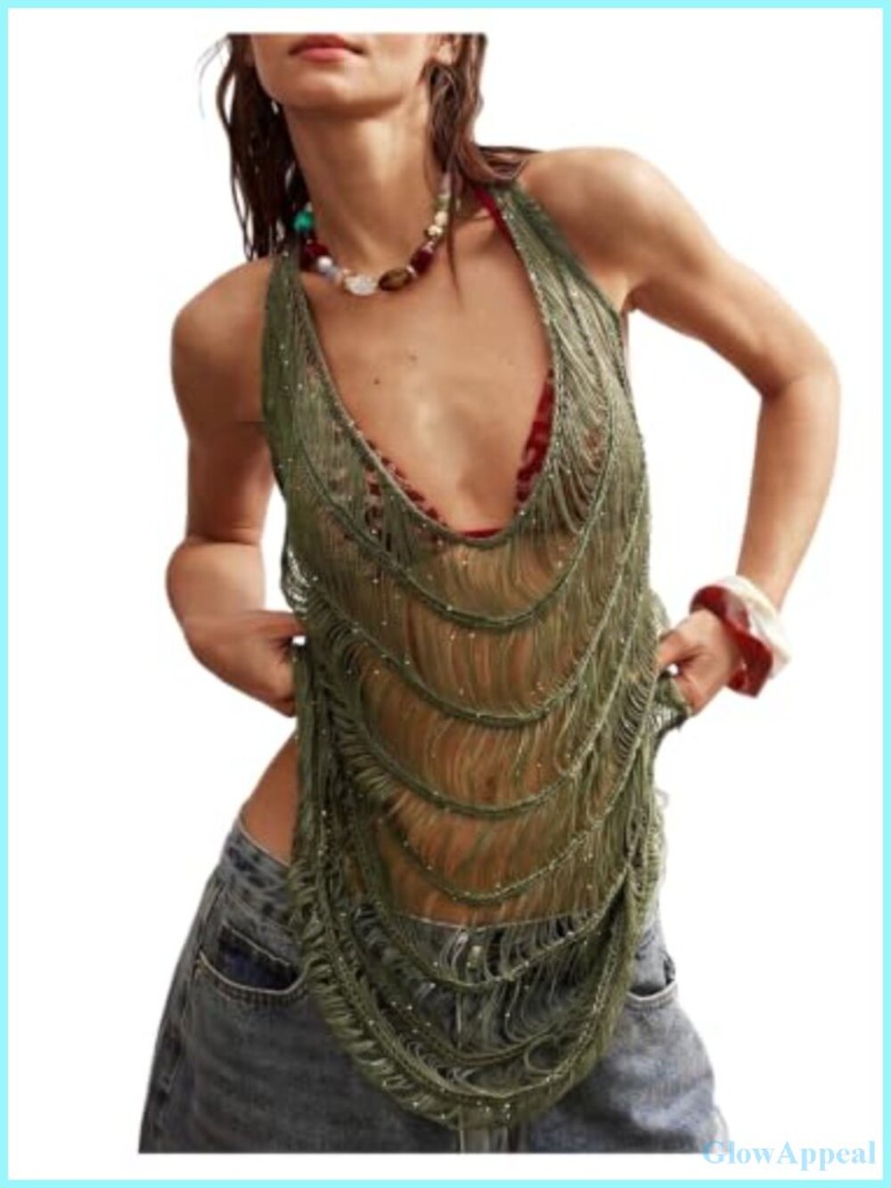 Sequin Fringe Halter Top See Through Sparkly Tie Open Back Party Y2k Rave Top
